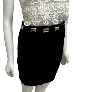 New VERTIGO Paris Black Mini‎ skirt Silver Buckles Ofice Siren Preppy Academia